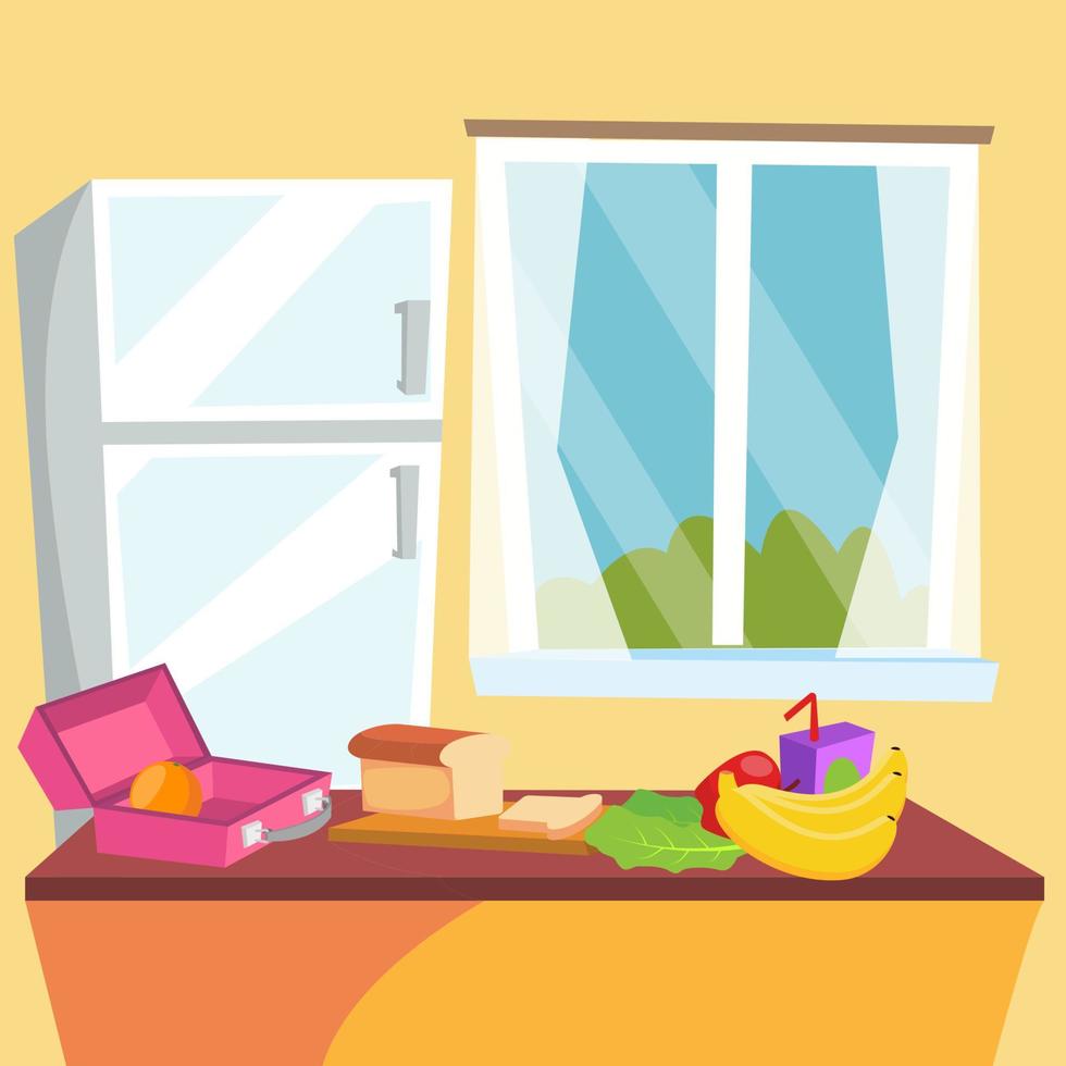 Kitchen Cartoon Vector. Classic Home Dining Room. Kitchen Interior Design. Dining Table, Fruits, Refrigerator. Flat Illustration vector