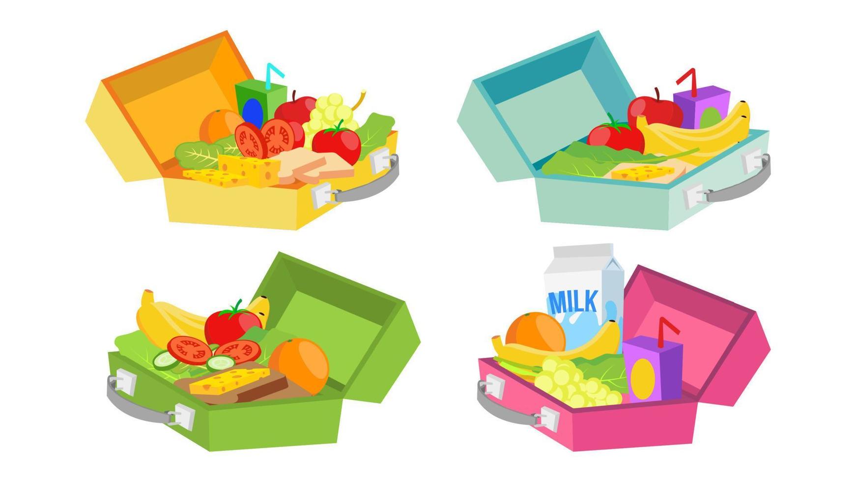 cajas de almuerzo set vector. varios ingredientes alimentos saludables para niños y estudiantes. vector