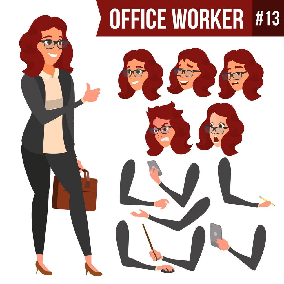 Office Worker Vector. Woman. Happy Clerk, Servant, Employee. Business Woman Person. Lady Face Emotions, Various Gestures. Animation Creation Set. Flat Character Illustration vector
