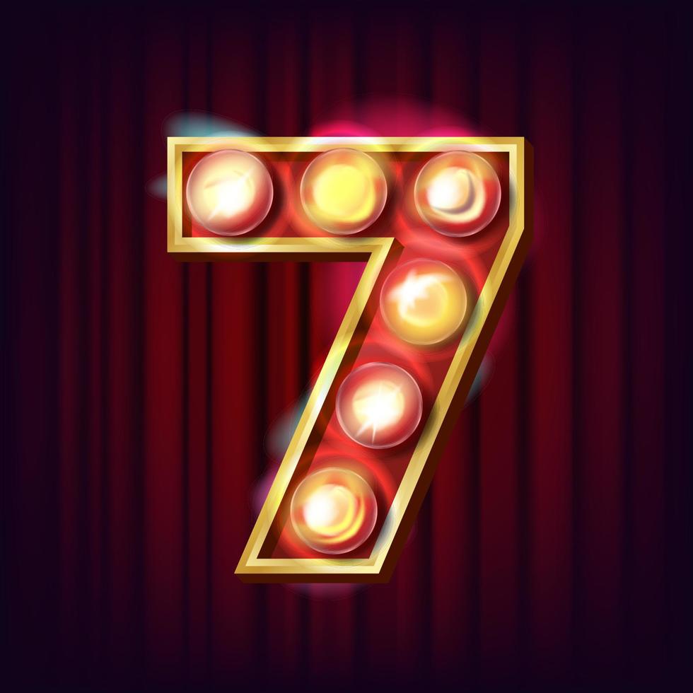 7 Number Vector. Seven Font Marquee Light Sign. Realistic Retro Shine Lamp Bulb. 3D Electric Glowing Digit. Vintage Golden Illuminated Neon Light. Carnival, Circus, Casino Style. Alphabet Illustration vector