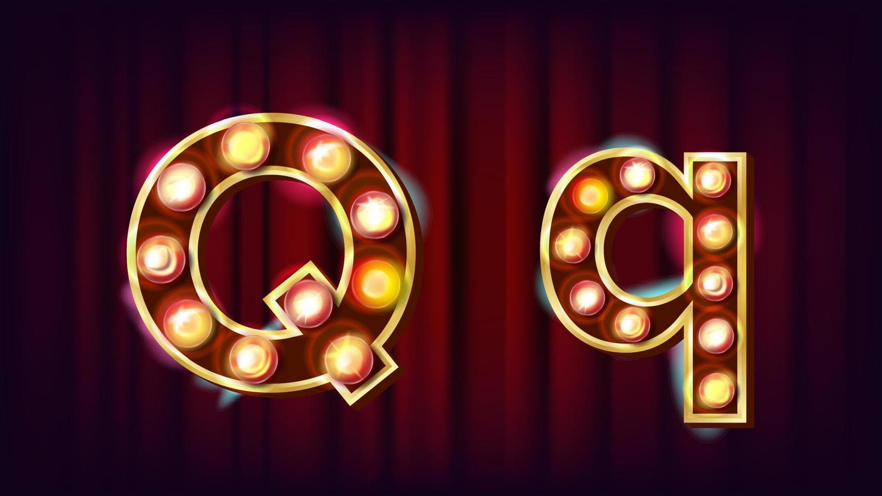 Q Letter Vector. Capital, Lowercase. Font Marquee Light Sign. Retro Shine Lamp Bulb Alphabet. 3D Electric Glowing Digit. Vintage Gold Illuminated Light. Carnival, Circus, Casino Style. Illustration vector