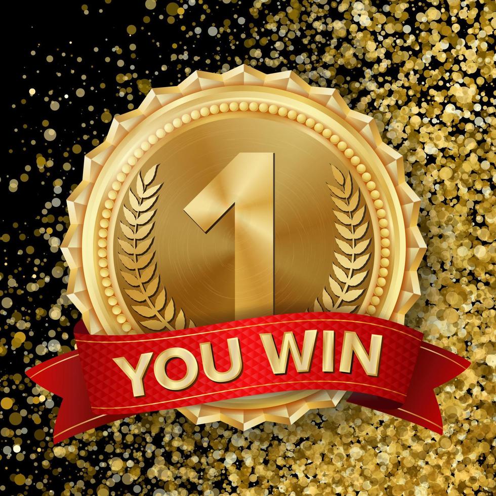 Gold Medal Vector. Best First Placement. Sport Game Golden Challenge Award. Red Ribbon. Realistic illustration. vector