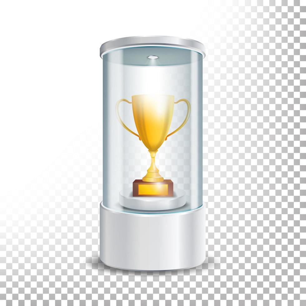 Transparent Glass Museum Showcase Podium With Golden Cup, Spotlight And Sparks. Mock Up Capsule Box For Award Ceremonies. Vector Illustration