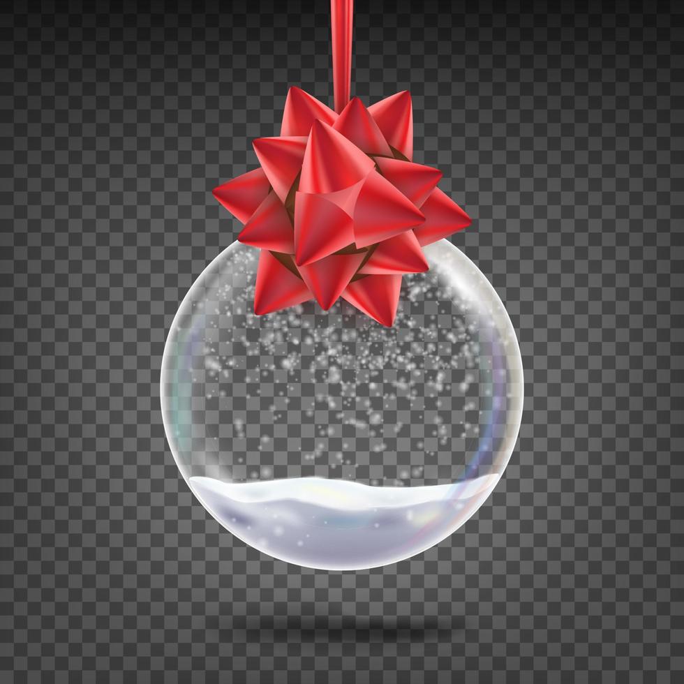 Realistic Christmas Ball Vector. Shiny Glass Xmas Holidays Tree Toy With Snowflake And Red Bow. Isolated On Transparent Background Illustration vector