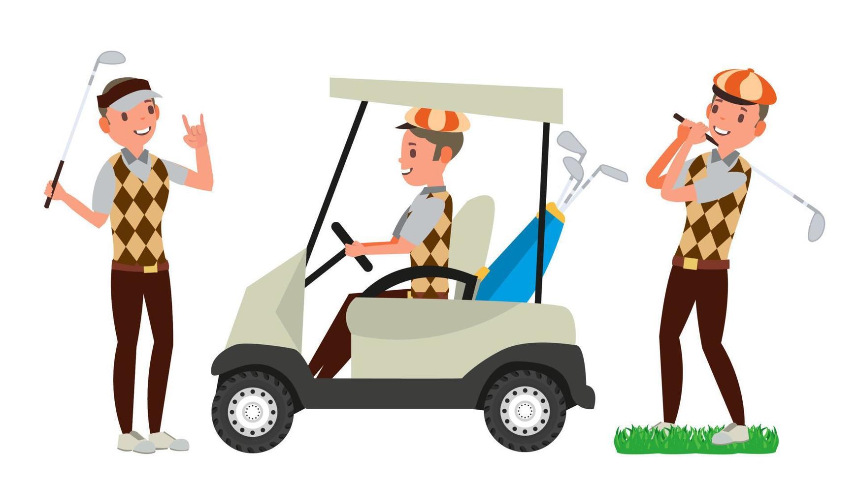 Golf Player Male Vector. Hitting Golf Ball. Playing Man. Different Poses. Cartoon Character Illustration vector