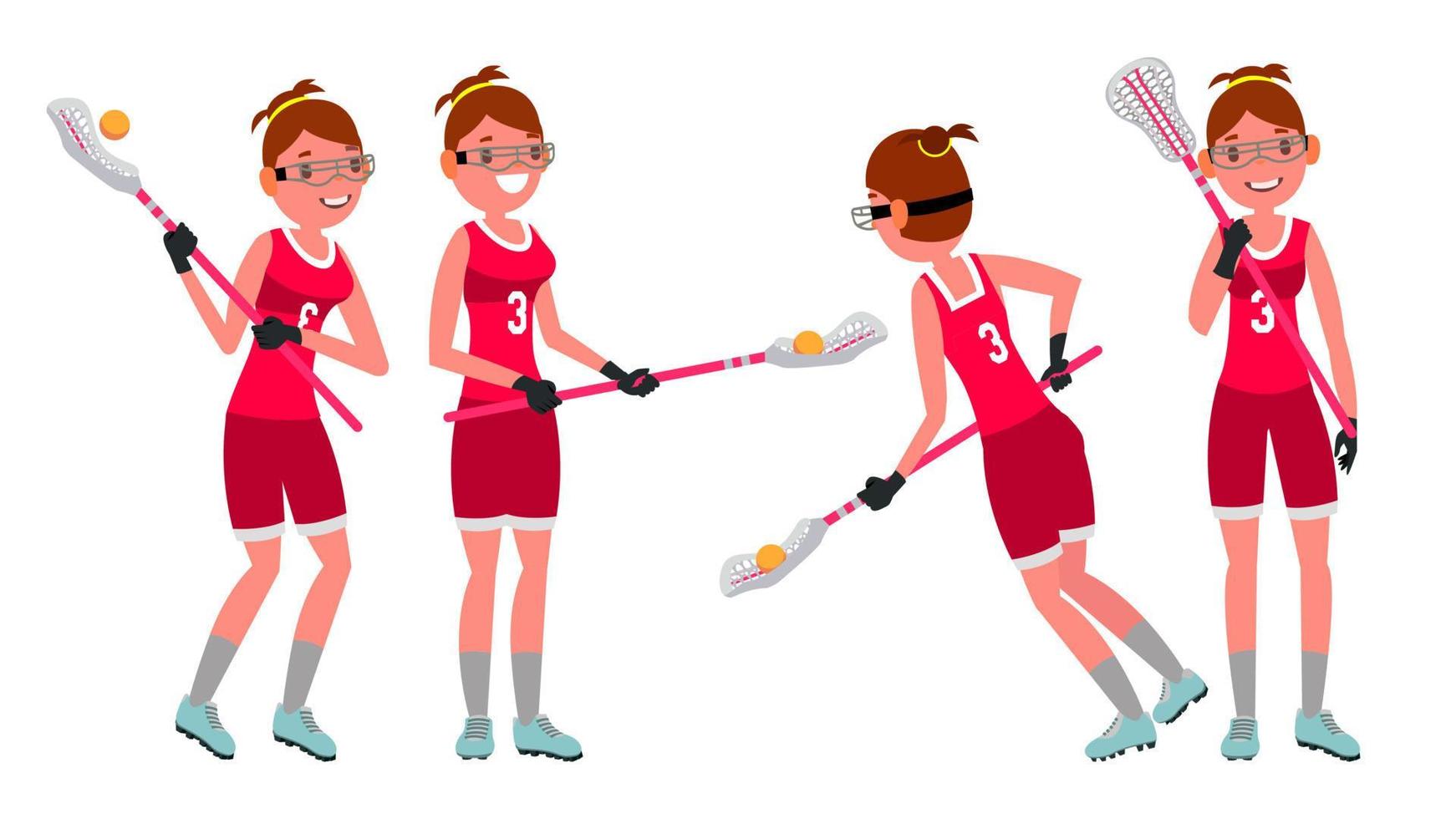 Lacrosse Female Player Vector. High School Or Colleges Girl. Team Members. Professional Athlete. Sport Competitions. Flat Cartoon Illustration vector