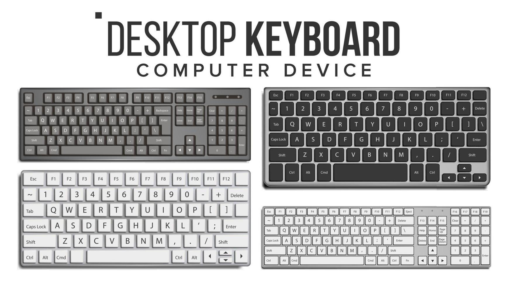 Desktop Keyboard Set Vector. Wireless Modern Plastic Tool. Top View. Isolated On White Illustration vector