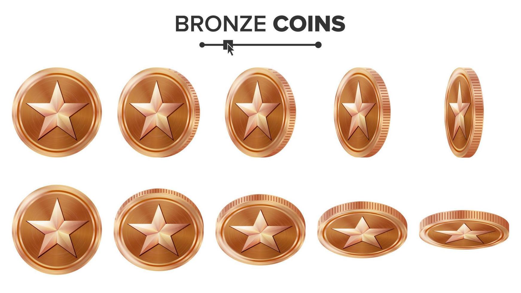 Game 3D Bronze Coin Vector With Star. Flip Different Angles. Achievement Coin Icons, Sign, Success, Winner, Bonus, Cash Symbol. Illustration Isolated On White. For Web, Game Or App Interface.