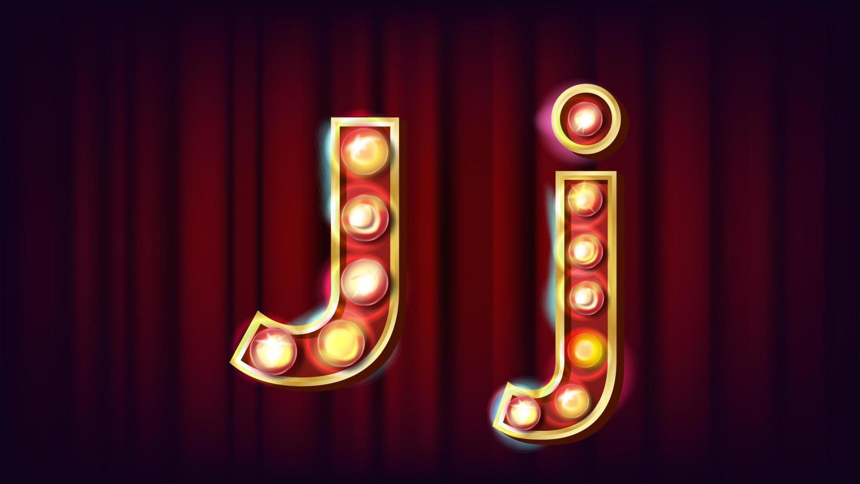 J Letter Vector. Capital, Lowercase. Font Marquee Light Sign. Retro Shine Lamp Bulb Alphabet. 3D Electric Glowing Digit. Vintage Gold Illuminated Light. Carnival, Circus, Casino Style. Illustration vector