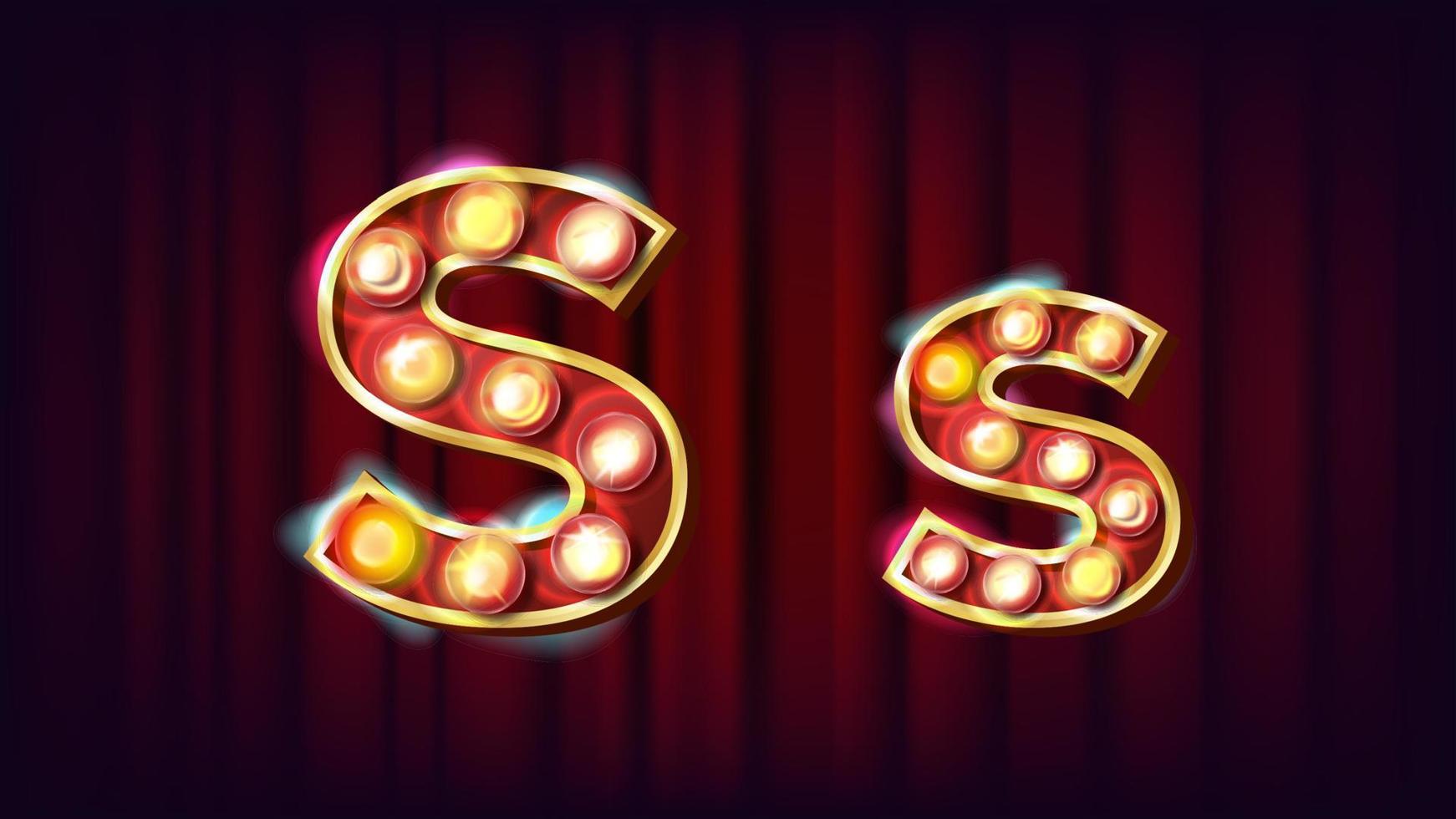 S Letter Vector. Capital, Lowercase. Font Marquee Light Sign. Retro Shine Lamp Bulb Alphabet. 3D Electric Glowing Digit. Vintage Gold Illuminated Light. Carnival, Circus, Casino Style. Illustration vector