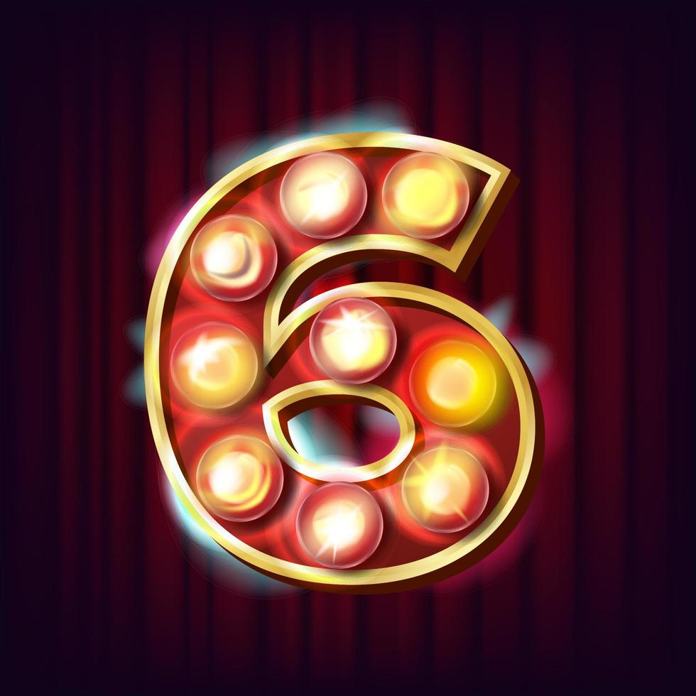 6 Number Vector. Six Font Marquee Light Sign. Realistic Retro Shine Lamp Bulb. 3D Electric Glowing Digit. Vintage Golden Illuminated Light. Carnival, Circus, Casino, Slot Style. Alphabet Illustration vector