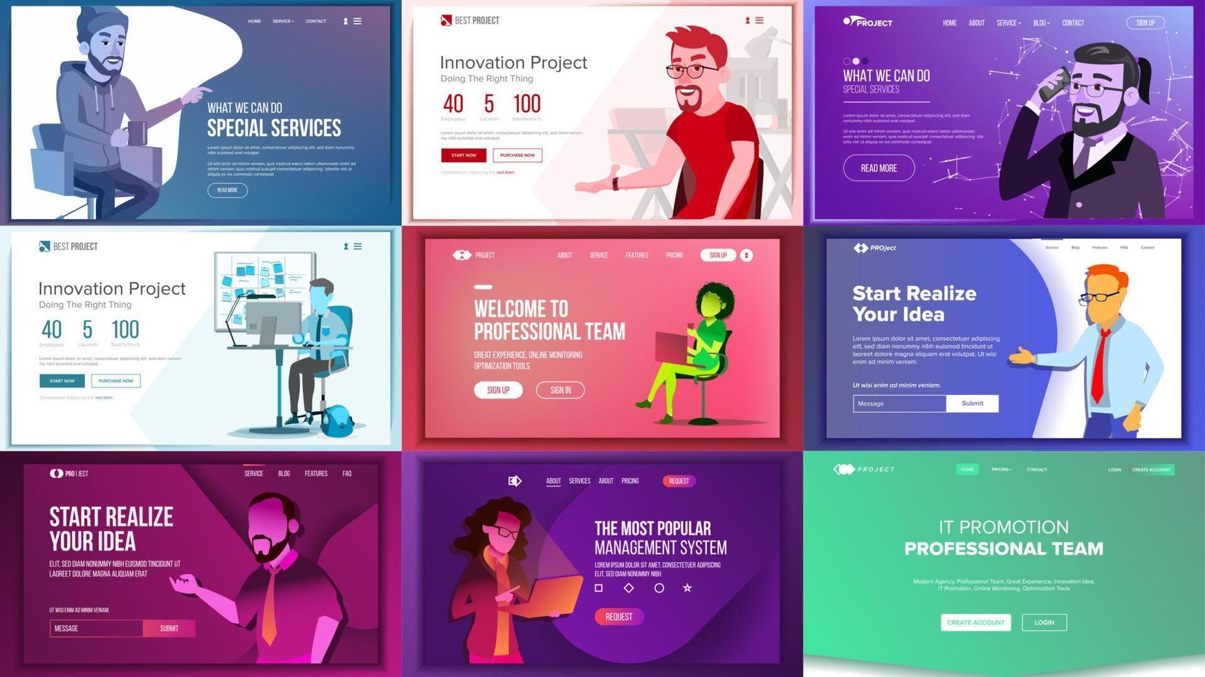 Main Web Page Set Design Vector. Website Business Graphic. Landing Template. Future Energy Project. Card Credit. Business Coworking. Increase Experience. Illustration vector