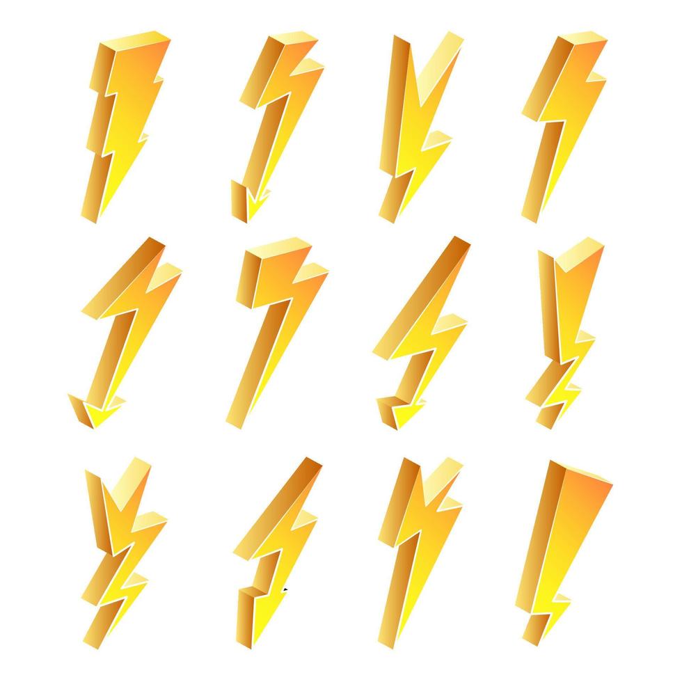 3D Lightning Icons Vector Set. Cartoon Yellow Lightning Isolated Illustration. lightning Symbol. Electrical Sign.