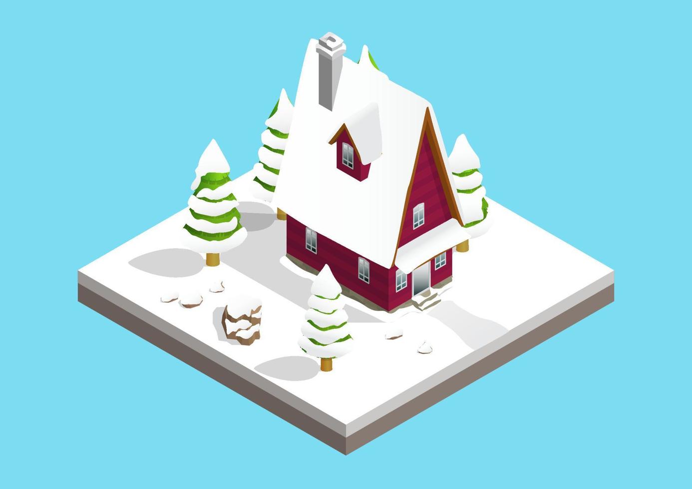 red wooden house with trees in winter vector