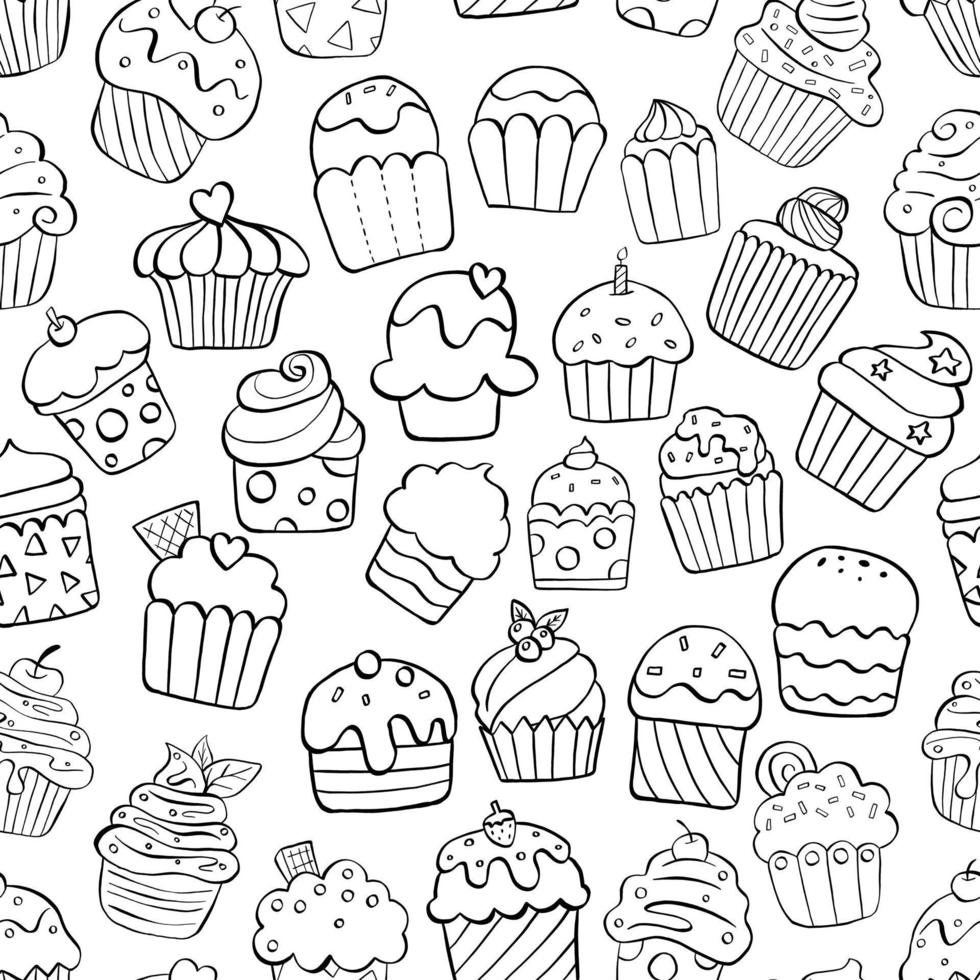 patrón sin costuras de cupcake de línea negra. diseño para papel, cubiertas, tarjetas, telas, fondo y cualquier. ilustración vectorial sobre postres dulces. vector