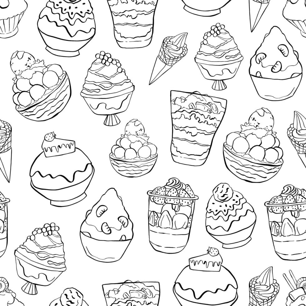 Black line Bingsu and Ice Cream seamless pattern. Design for paper, covers, cards, fabrics, background and any. Vector illustration about Sweets Dessert.