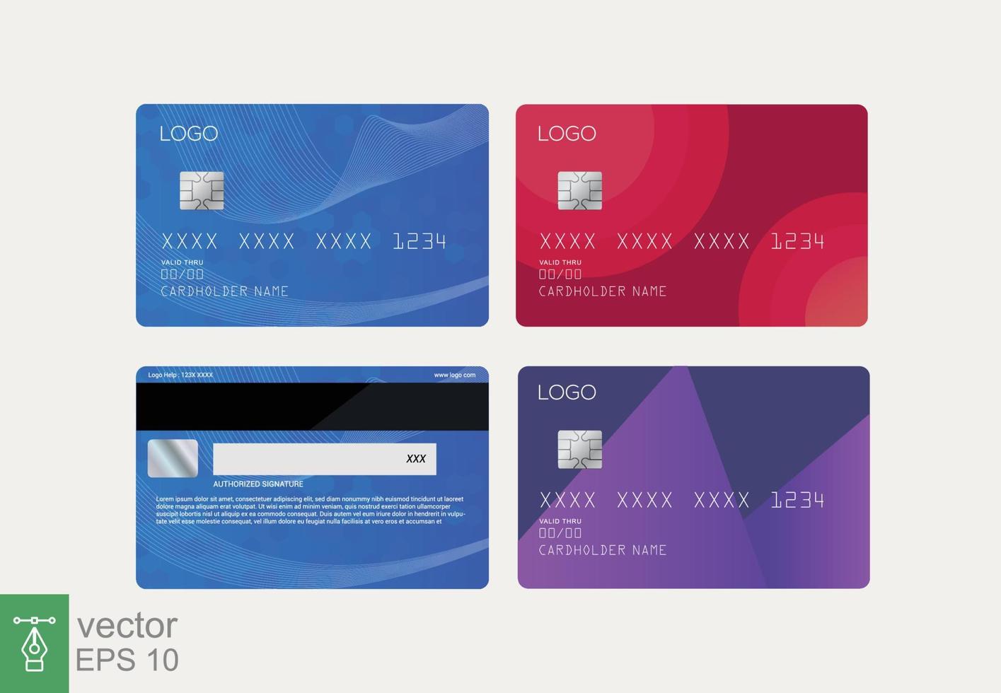 maquetas vectoriales de tarjetas de crédito aisladas en fondo gris. tarjeta de débito azul, roja y morada. tarjeta de cajero automático con chip, pago, concepto de negocio. estilo realista simple. eps 10. vector