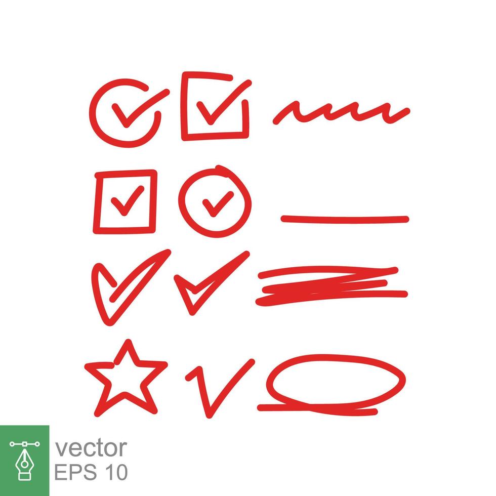 Set of hand drawn, doodle, brush, sketch style. Red check mark, marker, star, tick, scrawl, wrong mark, underline and oval marker. Vector illustration EPS 10.