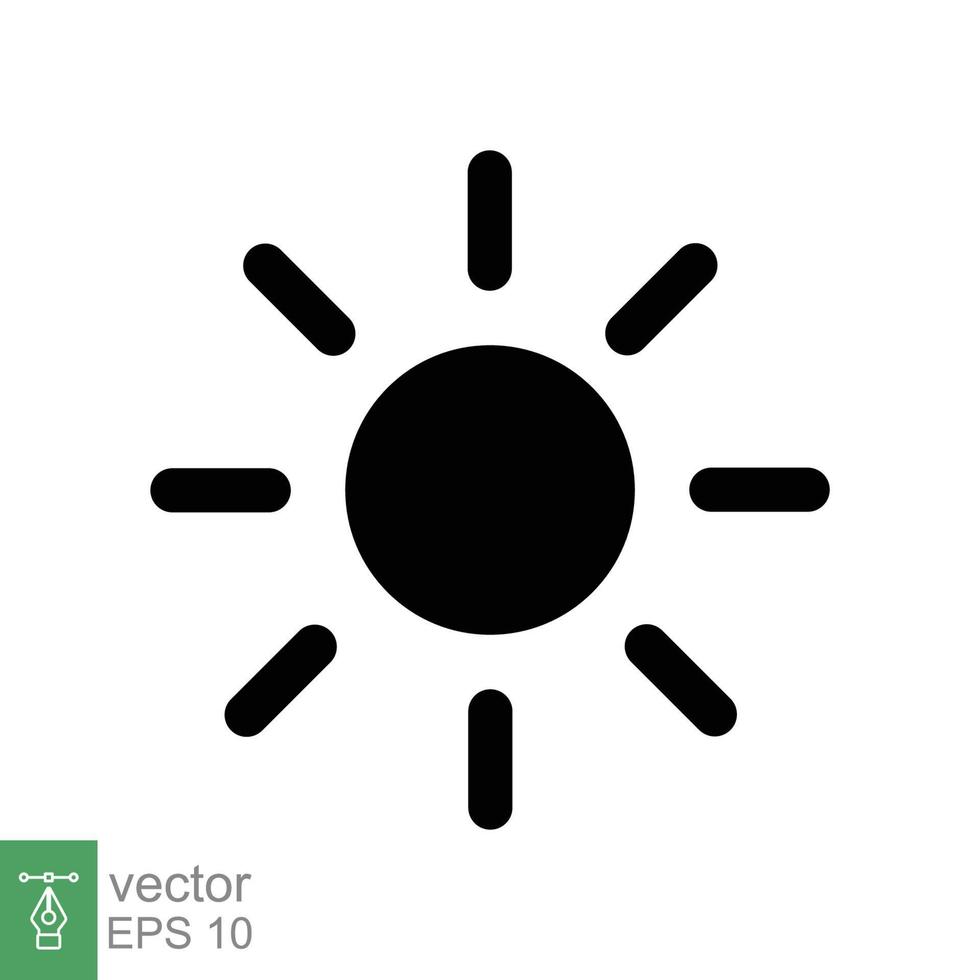 icono del sol. estilo sólido simple. símbolo de brillo, ajuste de intensidad, brillo, luz, calor, concepto de energía. ilustración de vector de glifo aislado sobre fondo blanco. eps 10.