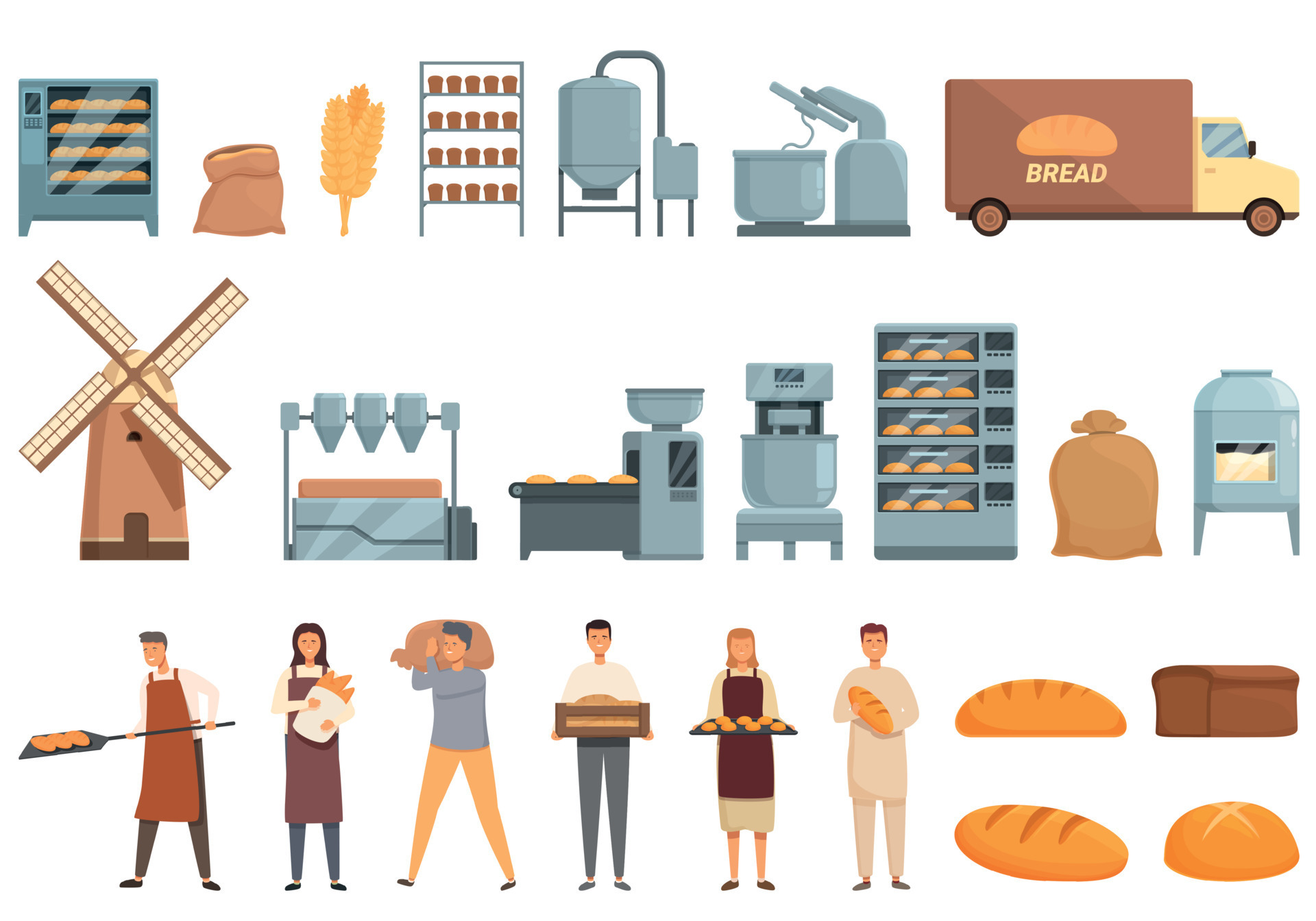 Bread production icons set cartoon vector. Bread factory 17352239