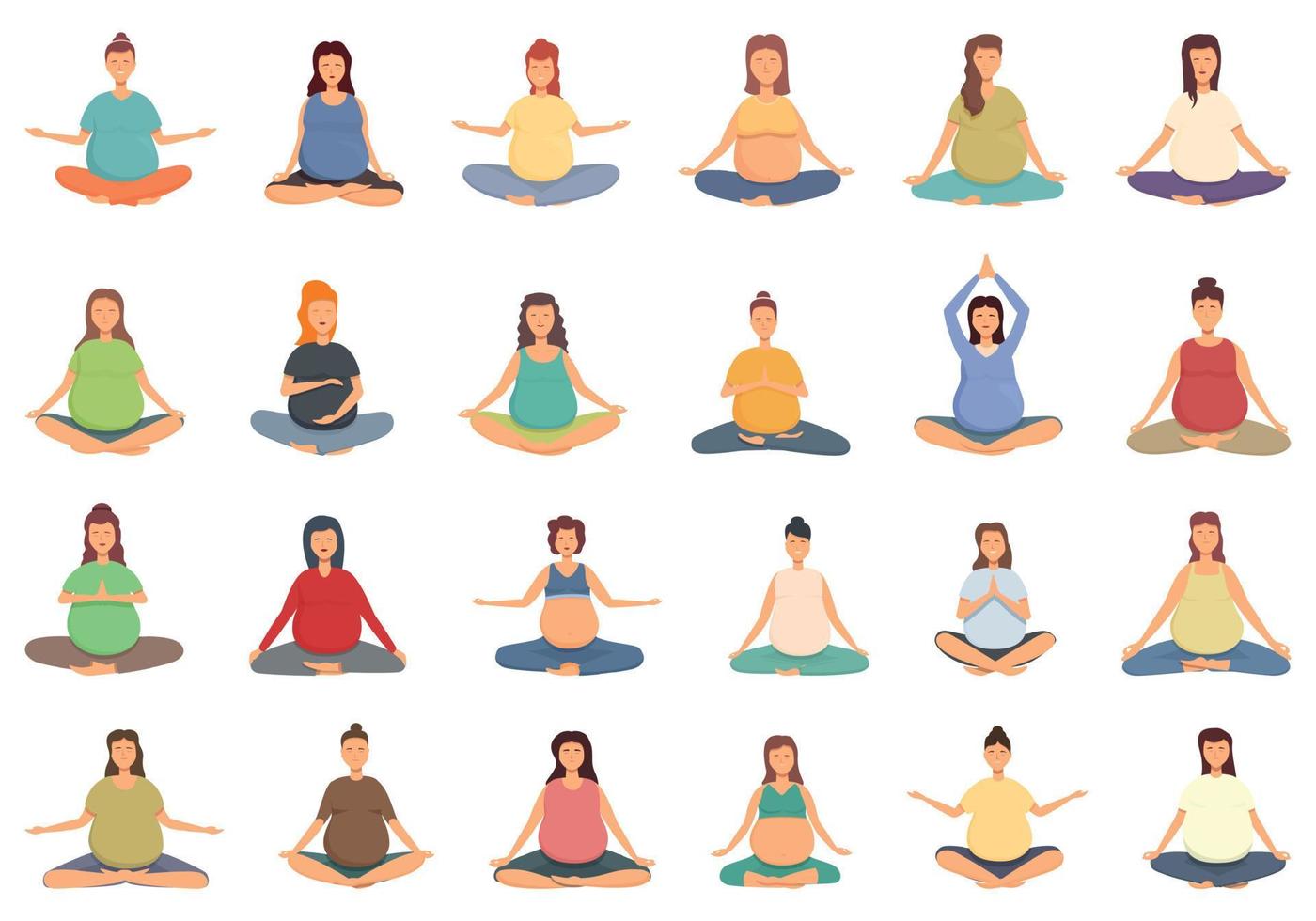 mujer embarazada meditando iconos conjunto vector de dibujos animados. madre yoga