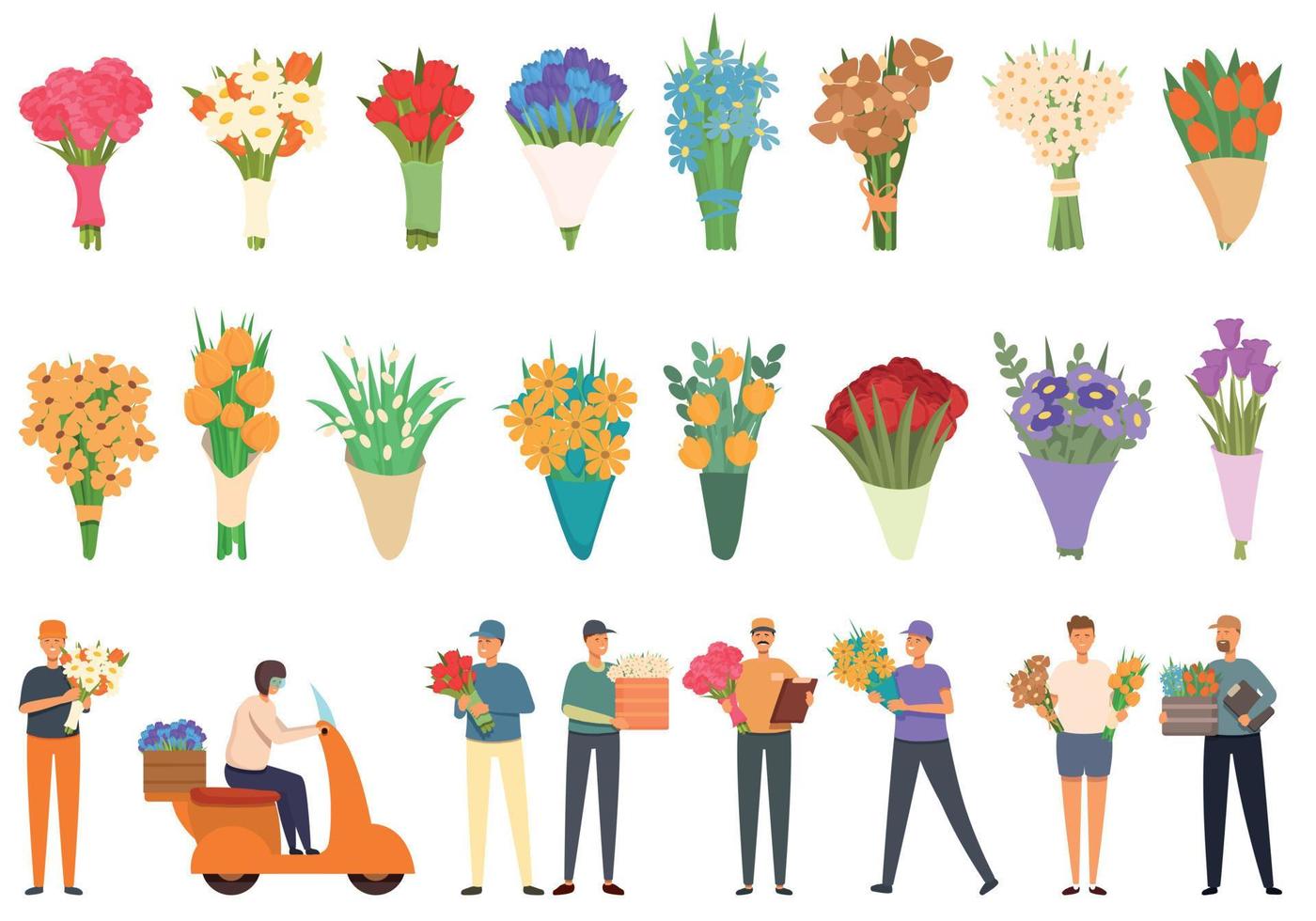 iconos de entrega de flores establecer vector de dibujos animados. ramo floreciente