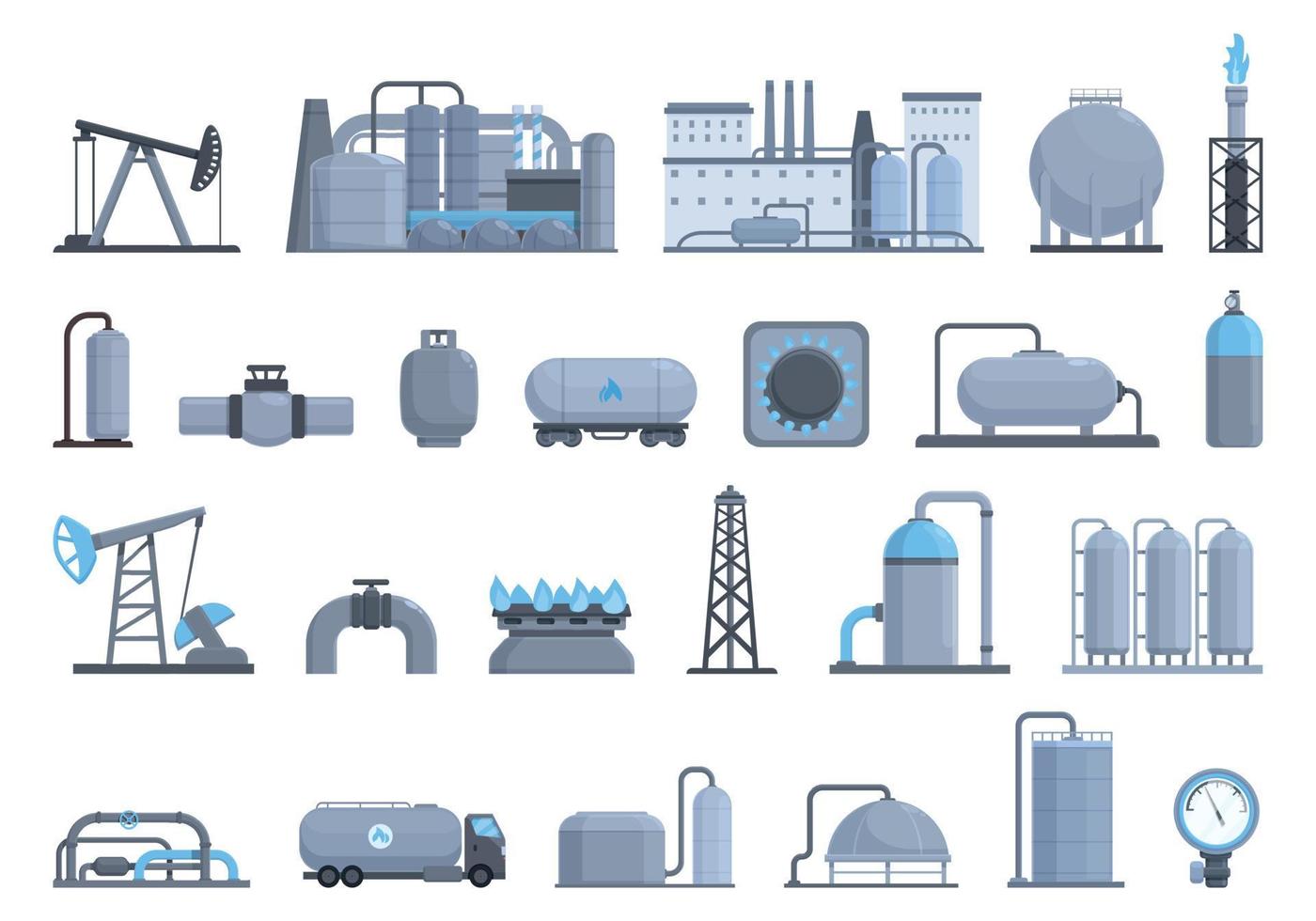 iconos de producción de gas establecer vector de dibujos animados. plataforma de tubería