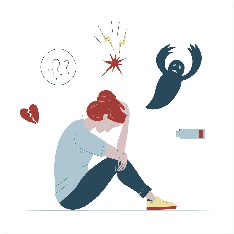 Depressed young woman sitting on the floor. Concept of stress, mental illness, psychology. Girl surrounded by symptoms of depression disorder - fear, exhaustion, loss, overworked, tired, anxiety vector