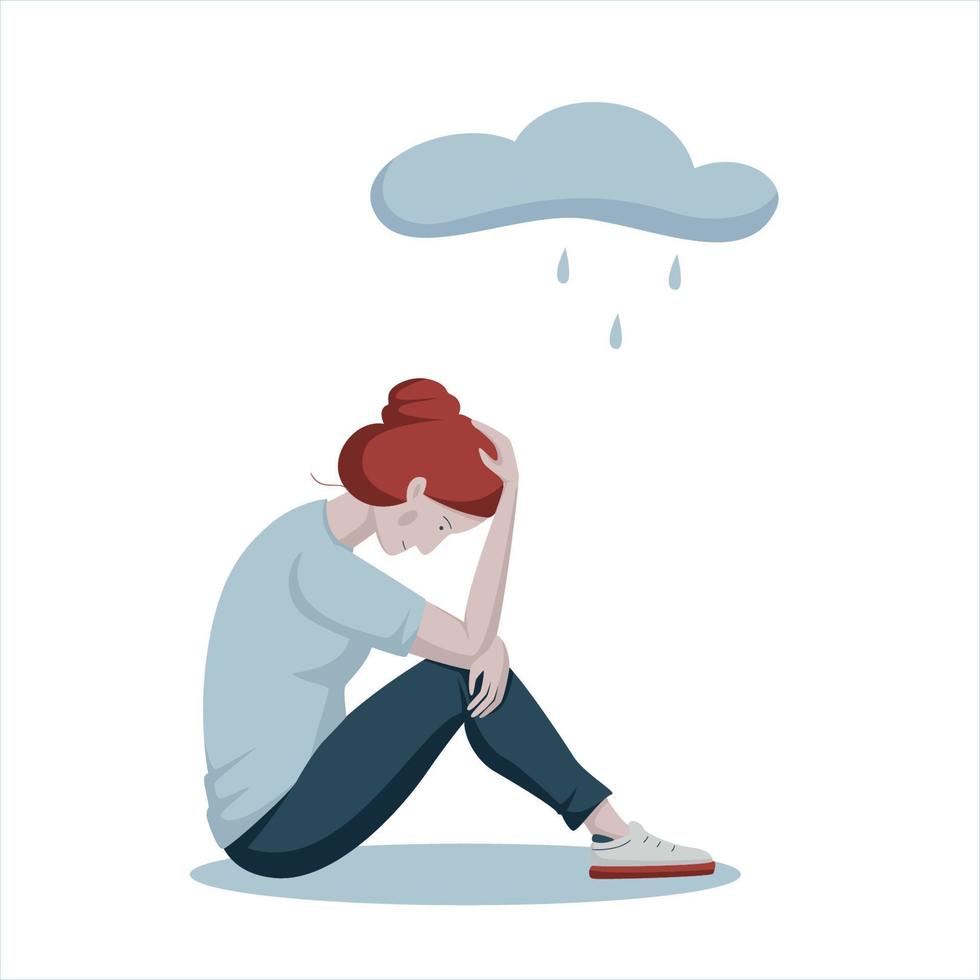 mujer joven deprimida sentada bajo una nube lluviosa. concepto de estrés, depresión, mal humor, tristeza, infeliz, enfermedad mental, psicología. ilustración vectorial plana vector