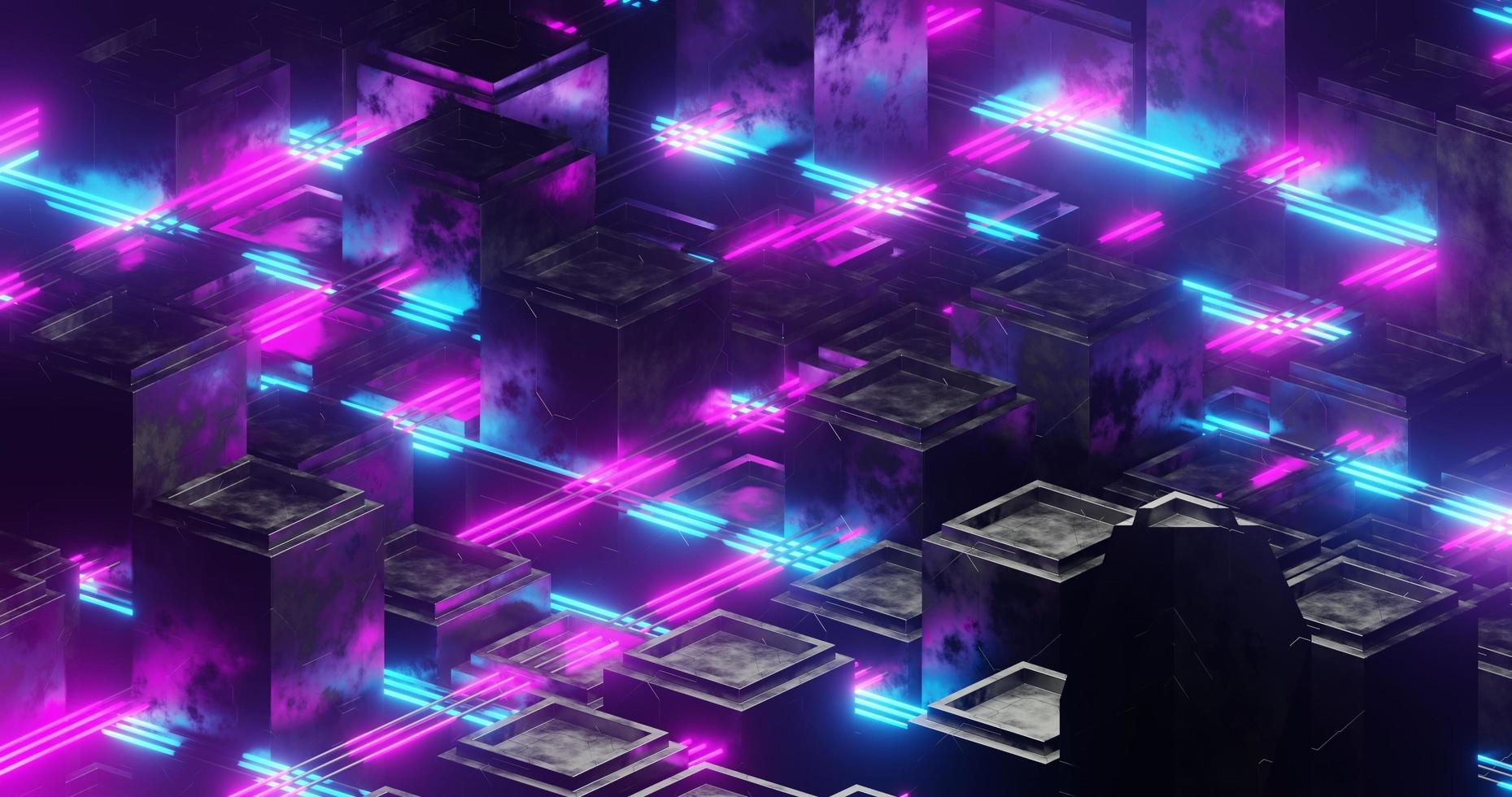 Abstract background using small cube pattern with metallic and voronoi texture, purple and blue laser light, perspective camera, 3d rendering and 4K size photo