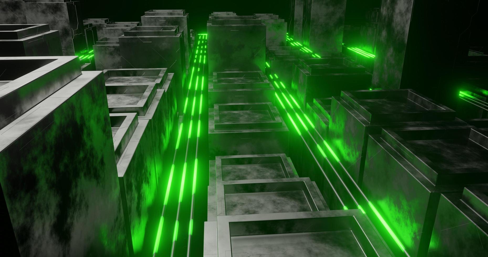 The abstract background uses a cube pattern with a metallic and voronoi texture, green laser