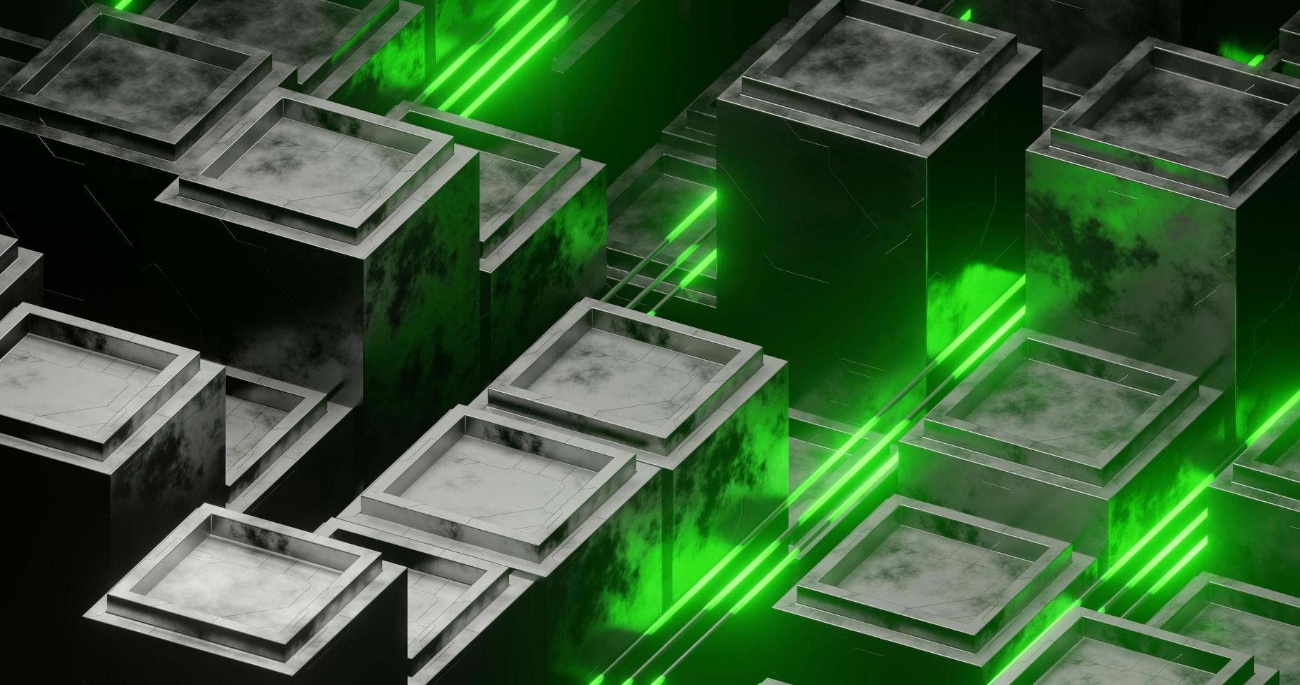 Abstract background using building pattern with metallic texture and voronoi, greeen laser light, overview camera, 3d rendering and 4K size photo