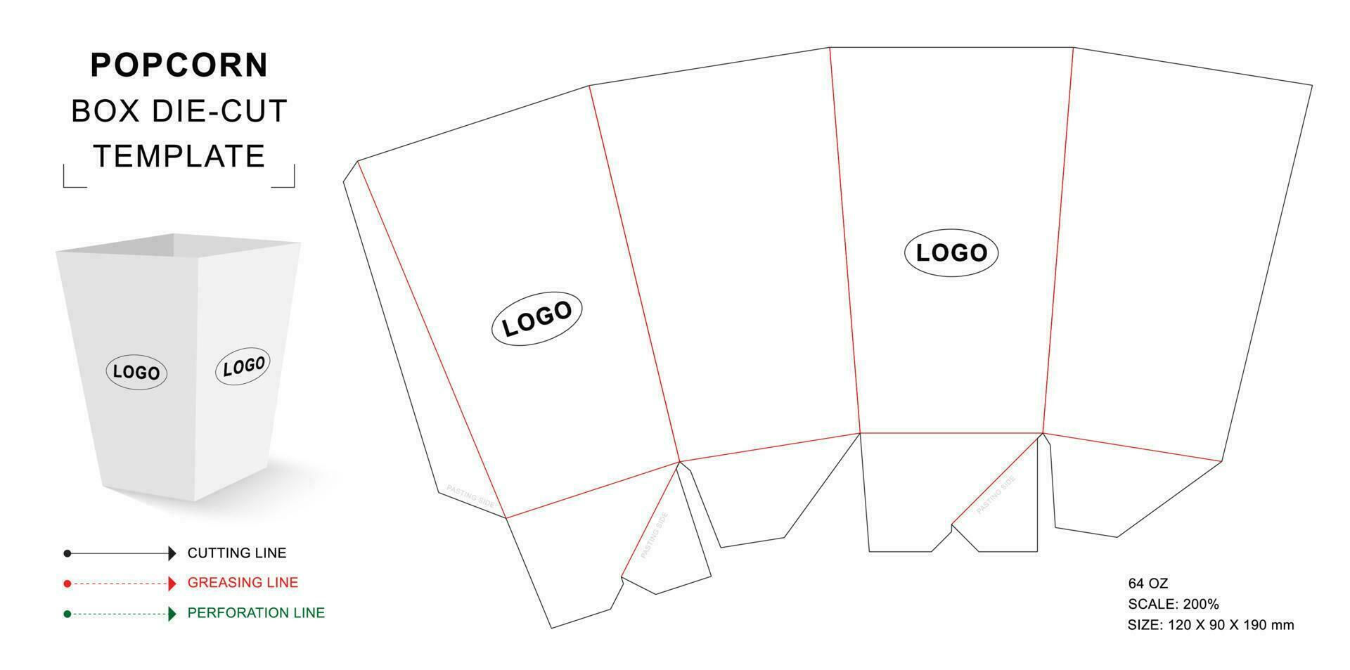 plantilla troquelada de caja de palomitas de maíz de 64 oz vector