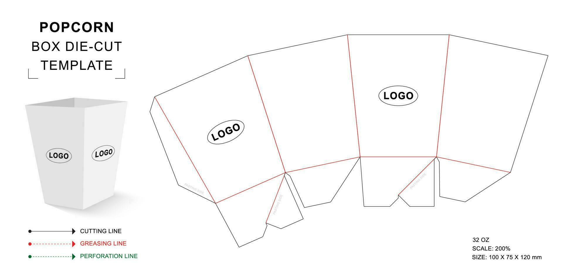 plantilla troquelada de caja de palomitas de maíz de 32 oz vector