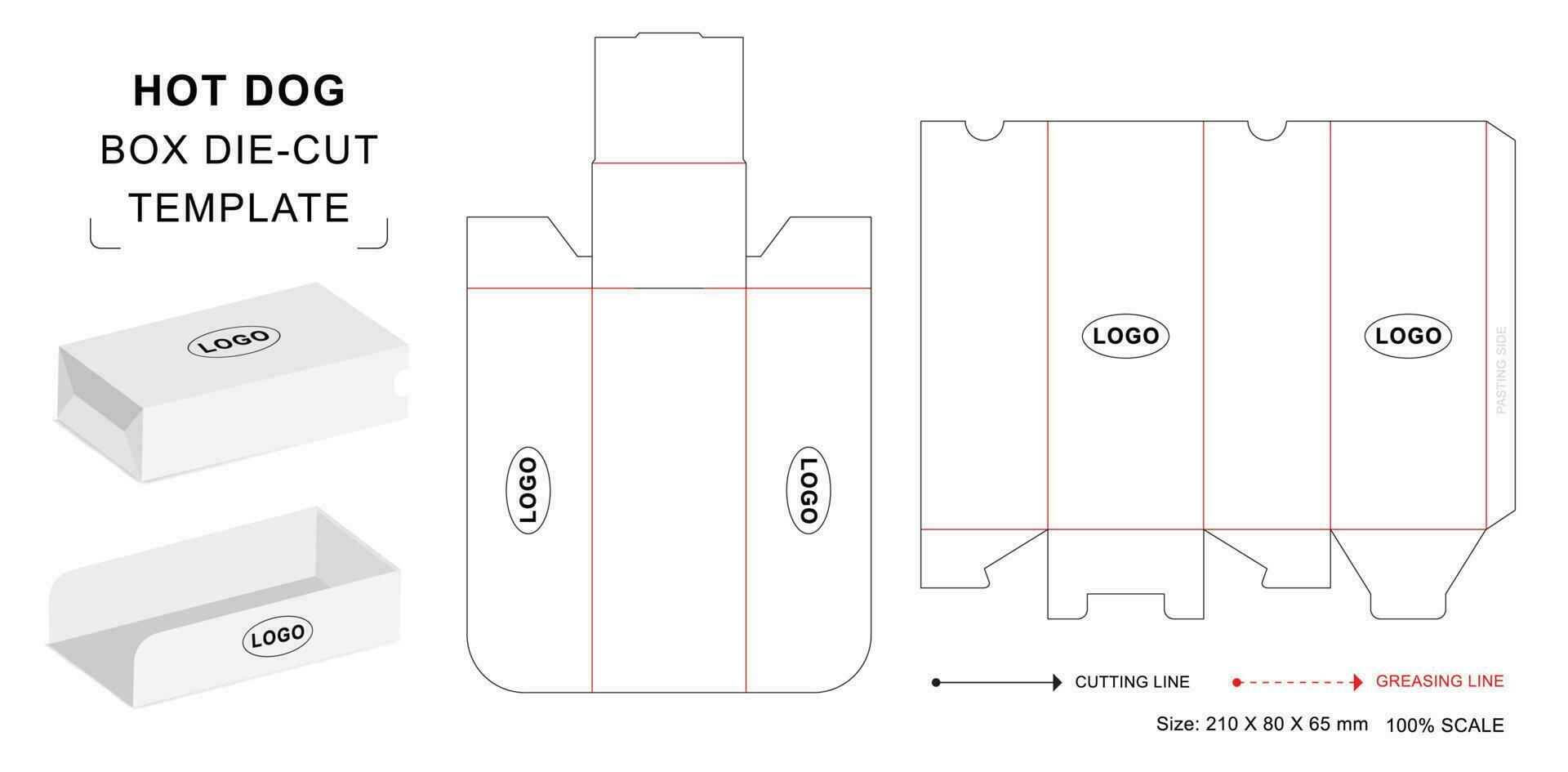 Fast food Hot dog box die cut template vector