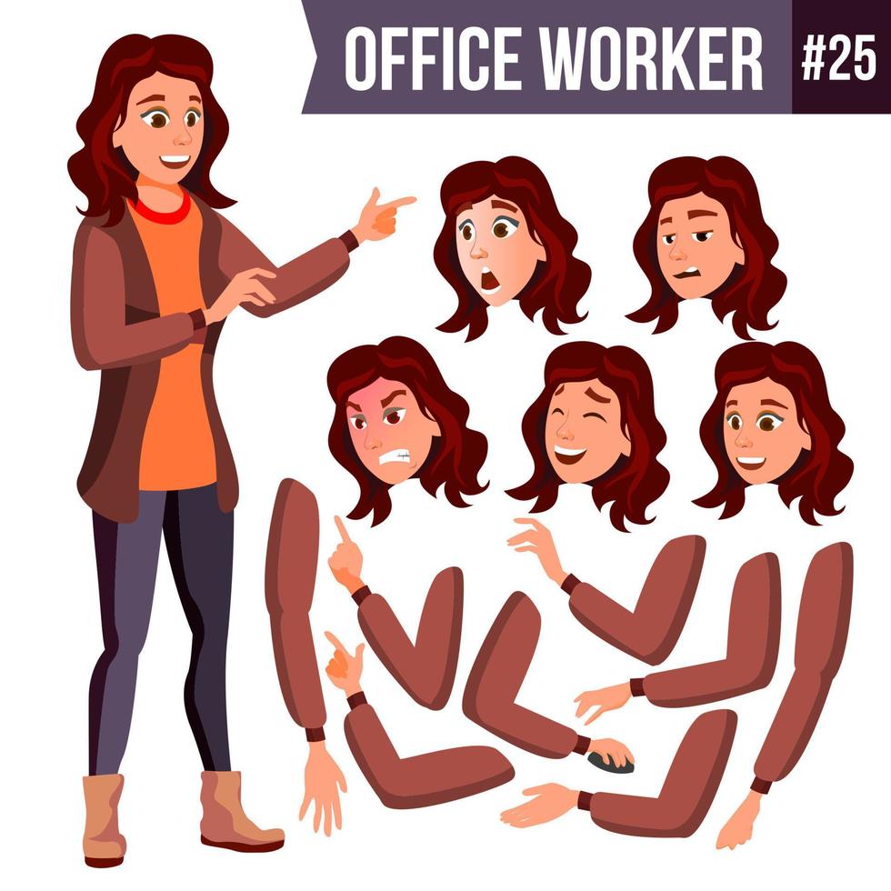 Office Worker Vector. Woman. Professional Officer, Clerk. Businessman Female. Lady Face Emotions. Animation Set. Isolated Flat Character Illustration vector
