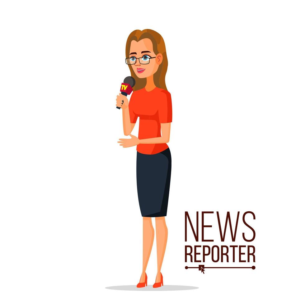 TV Correspondent Vector. Journalist Woman. TV Reporter Presenting News. Outside Broadcasting Cartoon Character Illustration vector