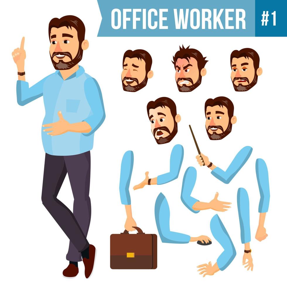 Office Worker Vector. Face Emotions, Various Gestures. Animation Creation Set. Corporate Businessman Male. Successful Officer, Clerk, Servant. Isolated Cartoon Illustration vector