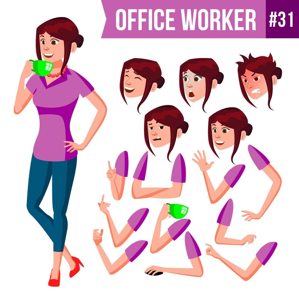 Office Worker Vector. Woman. Happy Clerk, Servant, Employee. Business Human. Face Emotions, Various Gestures. Animation Creation Set. Isolated Character Illustration vector