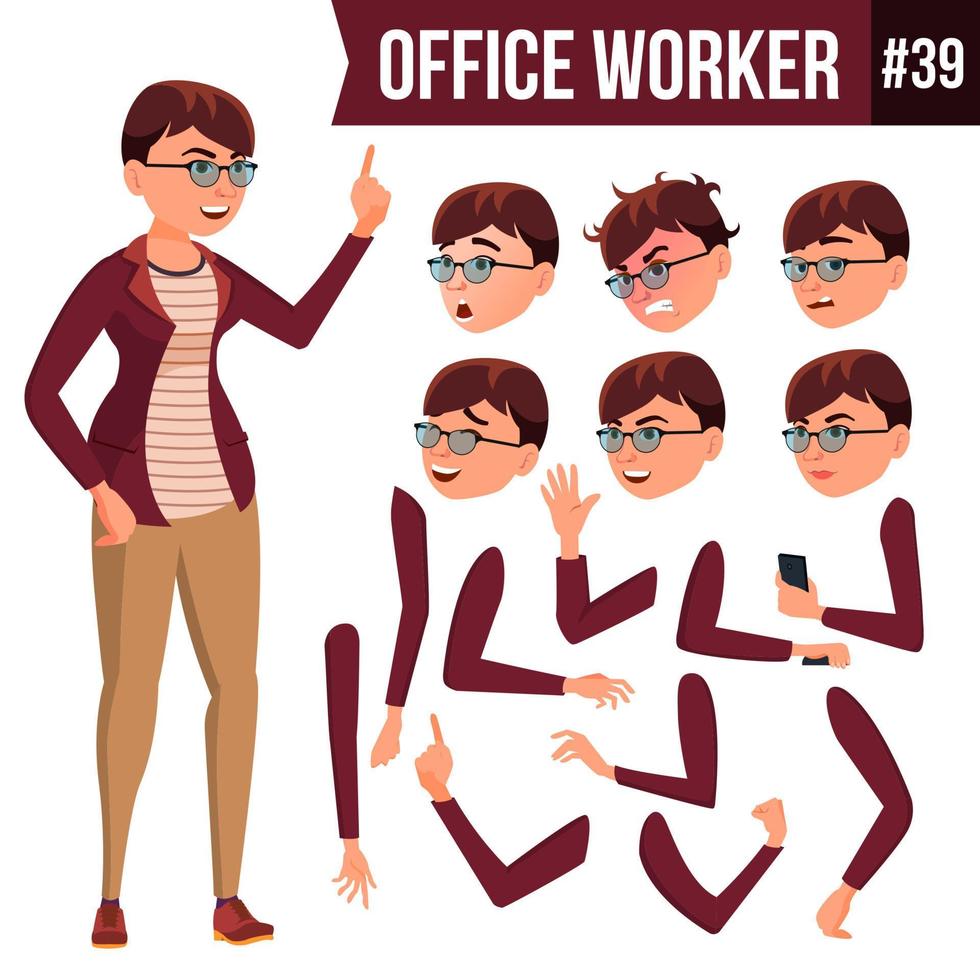 Office Worker Vector. Woman. Professional Officer, Clerk. Adult Business Female. Lady Face Emotions, Various Gestures. Animation Creation Set. Isolated Cartoon Illustration vector