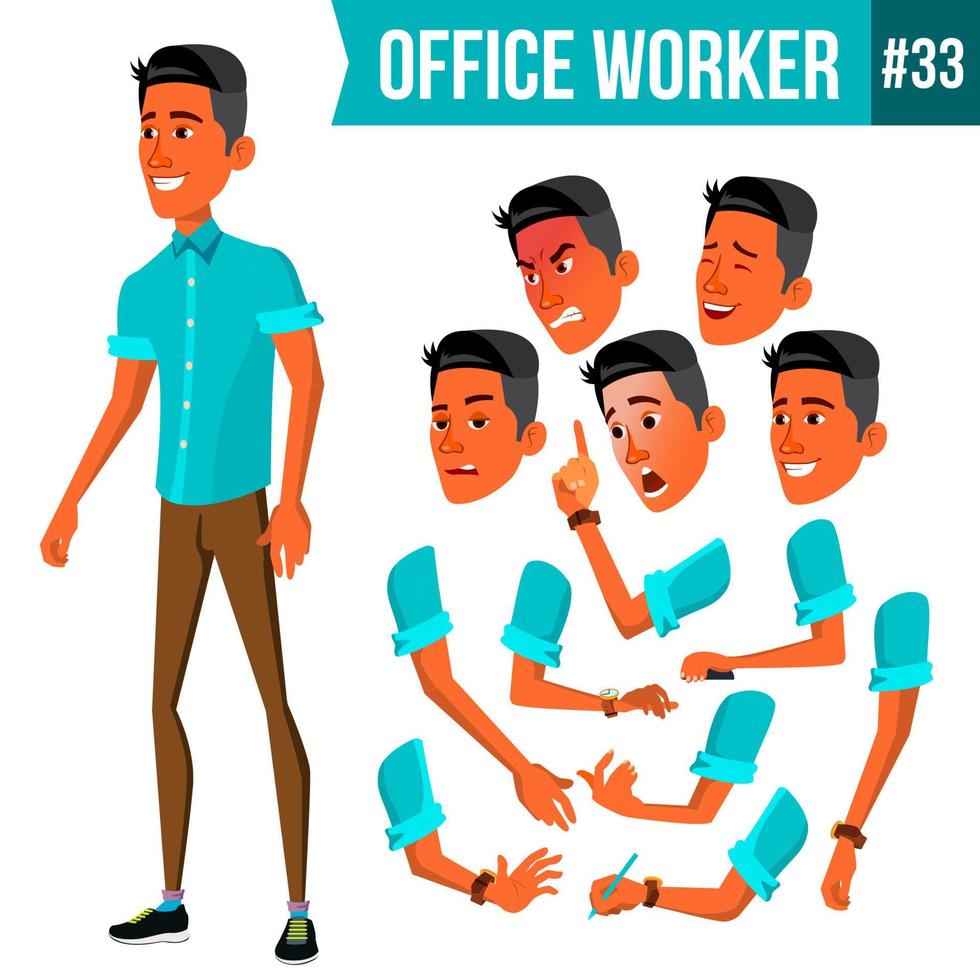 Office Worker Vector. Face Emotions, Various Gestures. Animation. Businessman Human. Modern Cabinet Employee, Workman, Laborer. Isolated Flat Cartoon Character Illustration vector