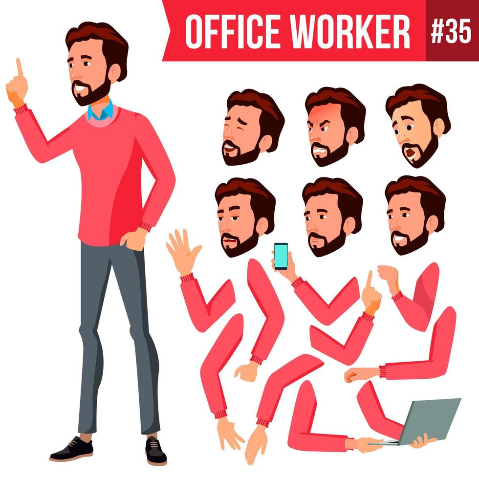 Office Worker Vector. Face Emotions, Various Gestures. Animation Creation Set. Corporate Businessman Male. Isolated Cartoon Illustration vector