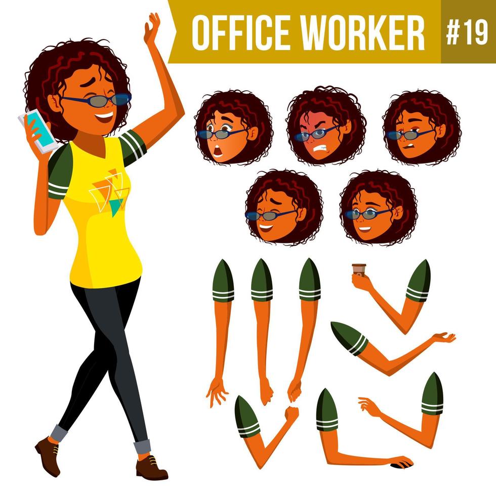 vector de trabajador de oficina. mujer. empleado moderno, trabajador. mujer de negocios. enfrentar emociones, varios gestos. conjunto de creación de animación. ilustración de dibujos animados plana