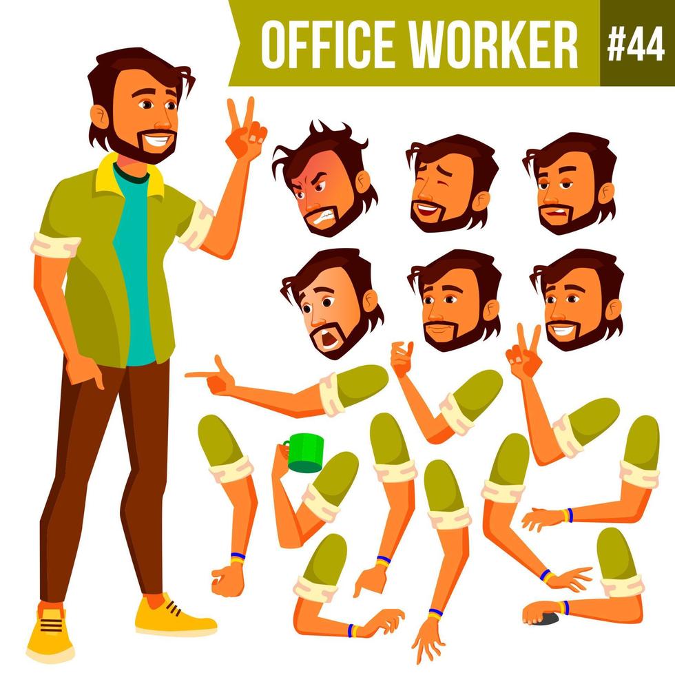 Office Worker Vector. Indian. Face Emotions, Various Gestures. Animation Creation Set. Business Man. Professional Cabinet Workman, Officer, Clerk. Isolated Cartoon Character Illustration vector