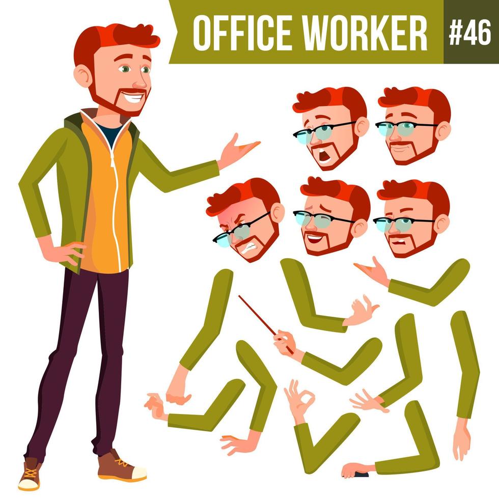 Office Worker Vector. Red Head. Face Emotions, Various Gestures. Animation Creation Set. Businessman Worker. Happy Job. Partner, Clerk, Servant, Employee. Isolated Flat Cartoon Illustration vector