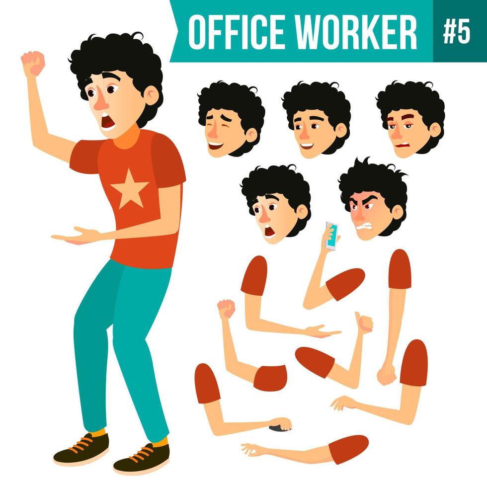 Office Worker Vector. Face Emotions, Various Gestures. Animation Creation Set. Adult Business Male. Successful Corporate Officer, Clerk, Servant. Isolated Flat Character Illustration vector