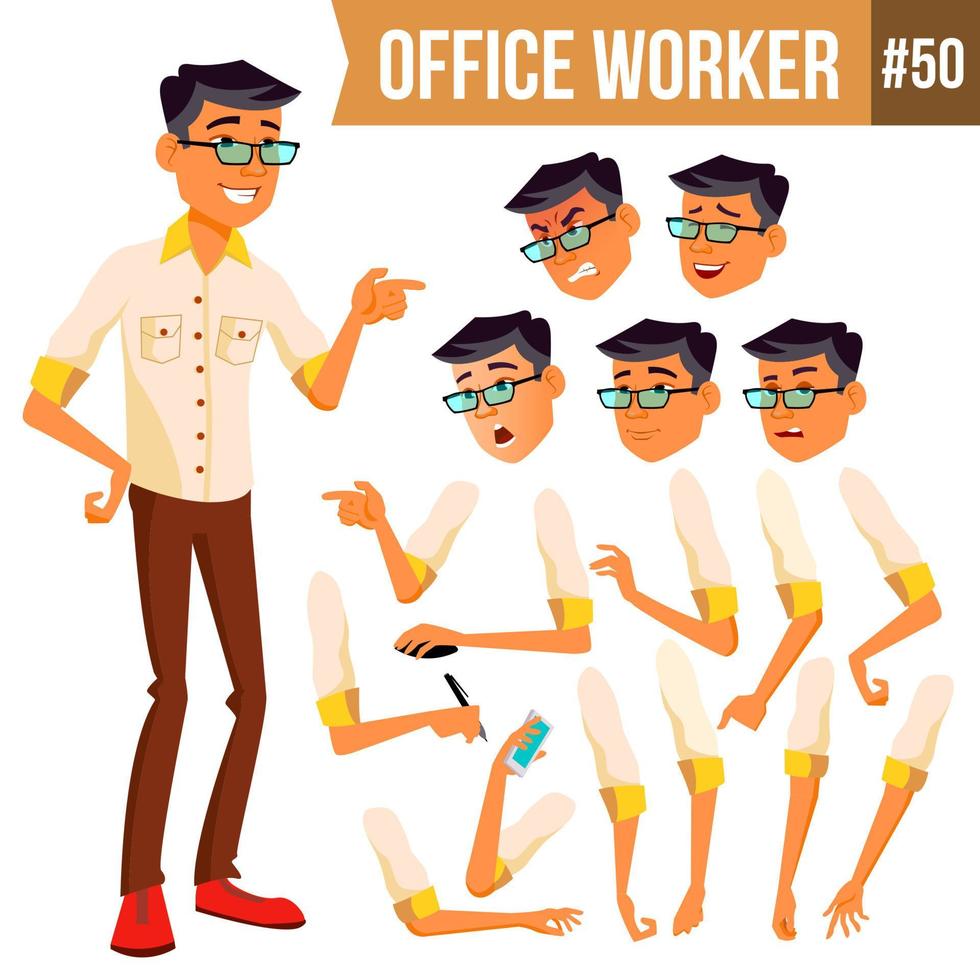 Office Worker Vector. Korean, Thai, Vietnamese. Face Emotions, Various Gestures. Animation. Businessman Human. Modern Cabinet Employee, Workman, Laborer. Isolated Flat Cartoon Character Illustration vector