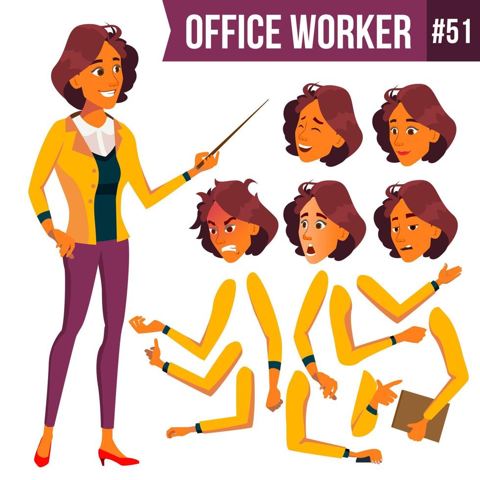 vector de trabajador de oficina. mujer. oficial exitoso, empleado, sirviente. trabajadora de negocios. enfrentar emociones, varios gestos. conjunto de creación de animación. ilustración plana aislada