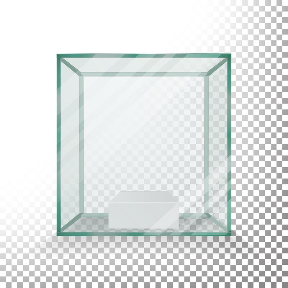 Empty Transparent Glass Box Cube Vector. Realistic Cube. Glass Showcase. vector