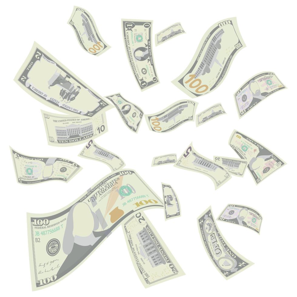 Flying US Dollars Vector. Falling US Cartoon Bills vector
